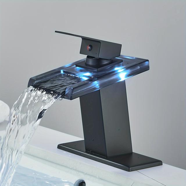 TEMU Led Bathroom Sink Faucet, Black Single Hole Or 4-inch Center Waterfall Faucet With Panel, Bathroom Vanity Faucet, Single Handle Bathroom Basin Faucet,