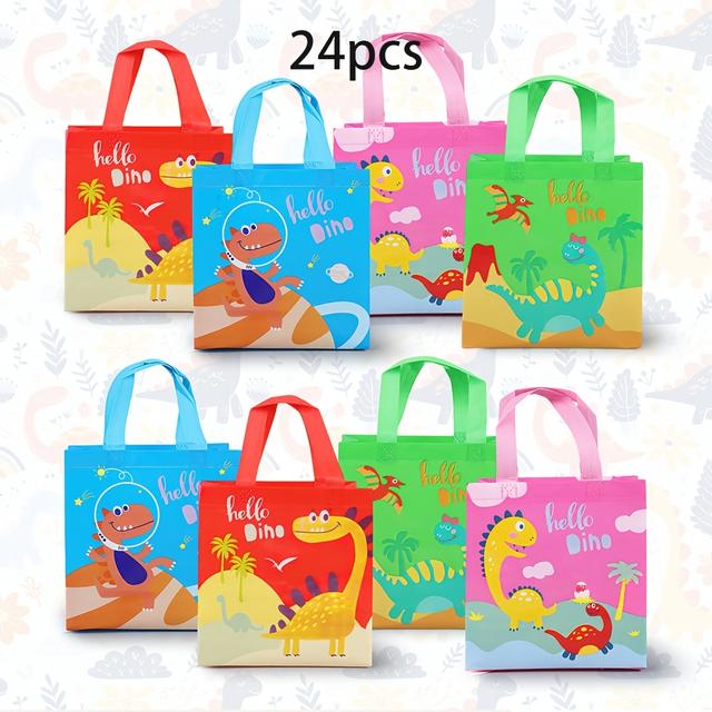 TEMU 24pcs Dinosaur Birthday Party Favor Bags - Theme, Fabric Gift Bags With Handles, Assorted Colors (red, Blue, Green, Pink, Yellow), ' Birthday Celebrations