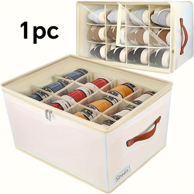 TEMU 1pc Elegant Beige Shoe Storage Box With Transparent Pvc Lid, Foldable And Moisture-proof, Thickened Design For Dormitory And Wardrobe Organization