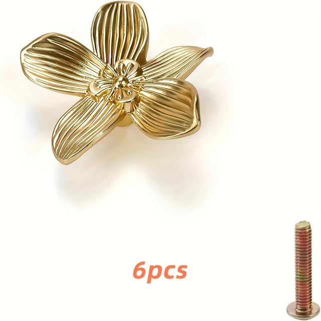 TEMU 6pcs Elegant Golden Floral Cabinet Knobs - High-quality Alloy, Brushed , Comfortable Grip - Ideal For Dressers, Nightstands & Bookcases - With Included Screws