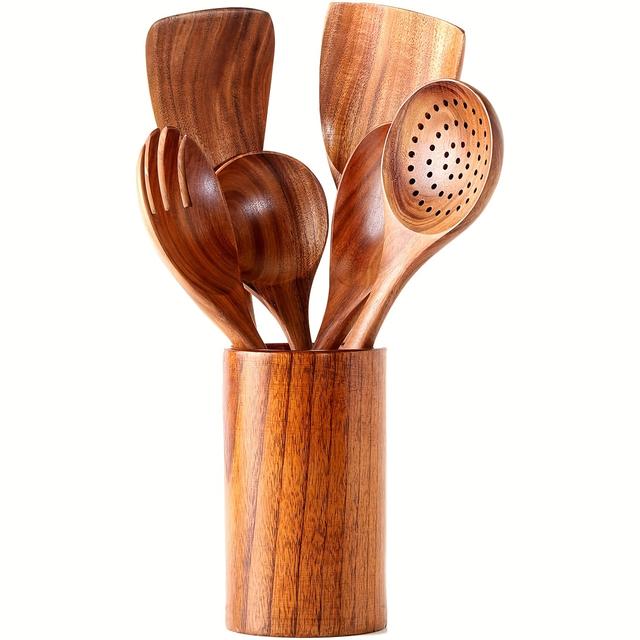 TEMU Juego de 7 Piezas de Utensilios de Cocina de Madera Antiadherentes con Cubo de Almacenamiento - Incluye Espátula, Cucharón, Tenedor para Ensalada y Más para Cocinar Fácilmente