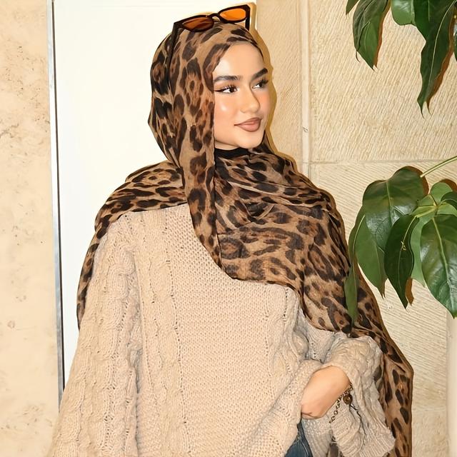 TEMU 1pc Women's Hijab Long Scarf - Elegant Brown & Tan Animal Print Head Covering, Non-stretchy Scarf For Everyday & Formal Events, & Privacy, Machine Washable Modest Fashion Accessory
