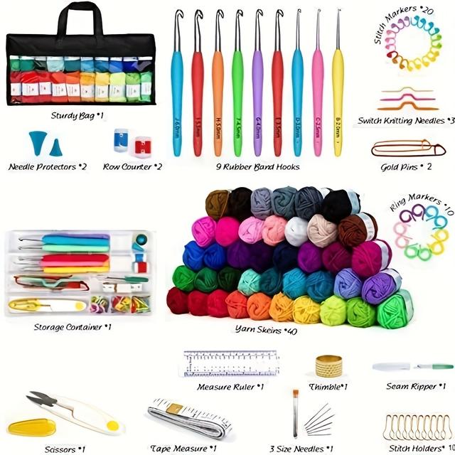 TEMU 113-teiliges Häkelset, Strickset, Schere, Nadelset, Garnknäuel, Maschenmarkierer, Aufbewahrungsbox, Aufbewahrungstasche