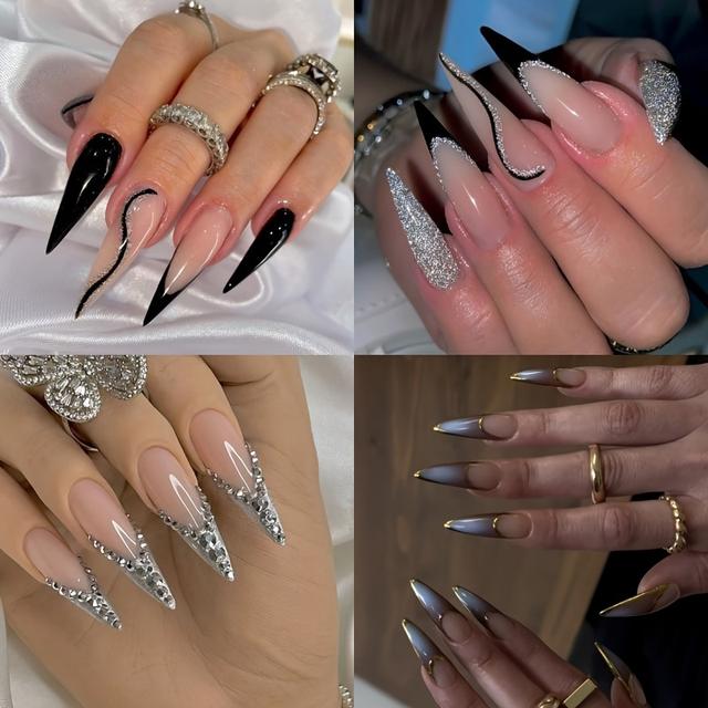 TEMU 4pack (96 Pcs) Press On Nails Long Stiletto Fake Nails Glossy Glue On Nails Bling Glitter French Tip Acrylic Nails Almond Artificial Nails Nude On False Nails With Design