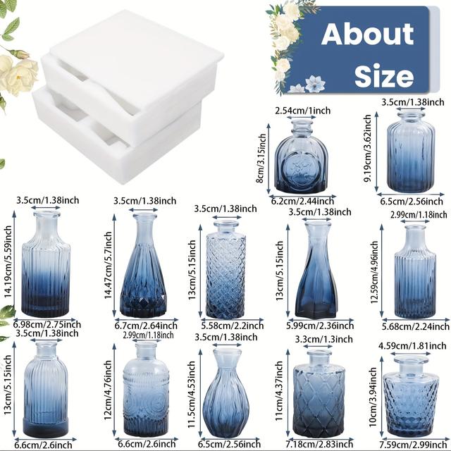 TEMU 12pcs, Blue Glass Bud Vases, Small Flower Vases, Small Vintage Vases, Bulk Bud Vases For Wedding Decorations, Outdoor Vase Decorations, Office And Home Table Flower Decorations, Gift