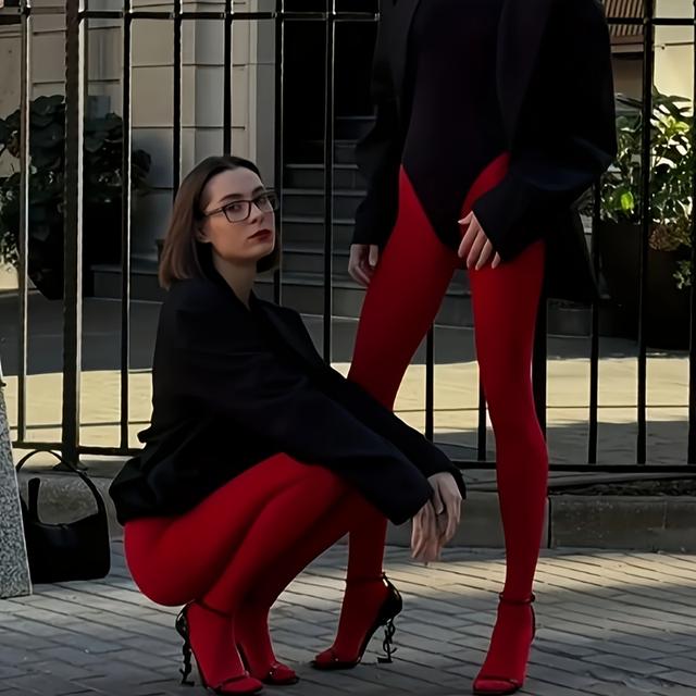TEMU Red High-waisted Leggings Made Of Material - Opaque Tights Ideal For The
