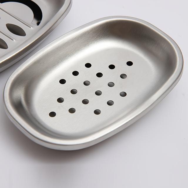 TEMU 1pc Orz Stainless Steel Soap Dish With Drain Tray - Durable Double Wall Oval Design For Kitchen Sink & Bathroom Shower, Glossy Finish, Rust-resistant & Easy To Clean
