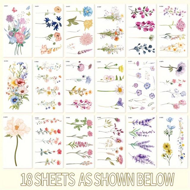 TEMU 18 Pictures/batch 3d Watercolor Lavender Flower Temporary Tattoo Female Body Art Arm Fake Plant Adult Tattoo Sticker Waterproof Girl Tattoo