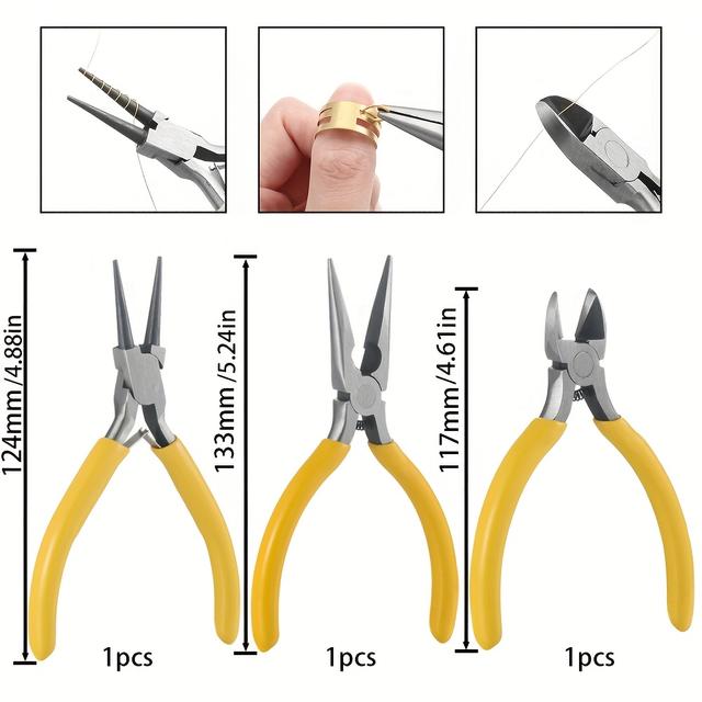 TEMU Juego de Alicates de Acero Inoxidable de 3 piezas Alicates de Boca , Alicates de Nariz Redonda y Alicates de Nariz Afilada Kit de Fabricación de Joyas