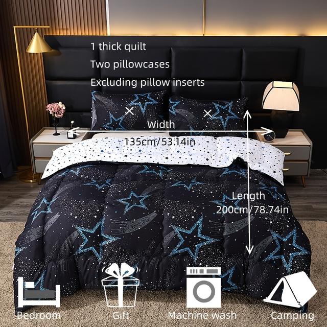 TEMU 3pcs Starry Sky Pattern Active Print, Simple Fashionable Dark Style, High Filling, Multi-directional Fixed Quilting, For Multi-season Bedroom, , Dorm, Travel, Gift Use - Thick Quilt Set