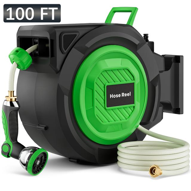 TEMU 100ft/150ft Retractable Garden Hose Reel With 10 Spray Modes Nozzle Heavy Duty Wall Mounted Water Hose For Outdoor Gardening, Patio Cleaning, Car Washing, Pet Showering & High-reach Cleaning