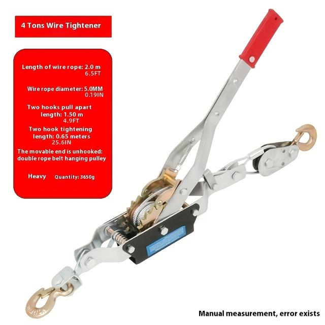 TEMU Tendeur, treuil, de 4 , équipé d'un câble en acier, robuste avec engrenages, 2 crochets, outil de treuil manuel, pour récupérer les véhicules routiers et les arbres, étirer les clôtures, cadre