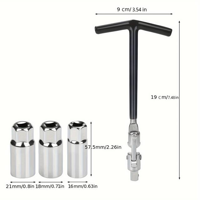 TEMU Spark Plug Wrench Set - Car Repair Parts Spark Plug Set, T-handle Socket Spanner, Car Repair Tool, Suitable For Motorcycle (16mm/18mm/21mm)