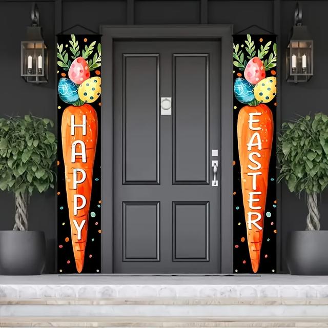 TEMU Set Of 2 Easter Banners Featuring A Design With Carrots And Eggs, Made Of Polyester, Perfect For Decorating Your Outdoor Lawn And Yard, Measuring 71x12 Inches, No Power Supply Needed