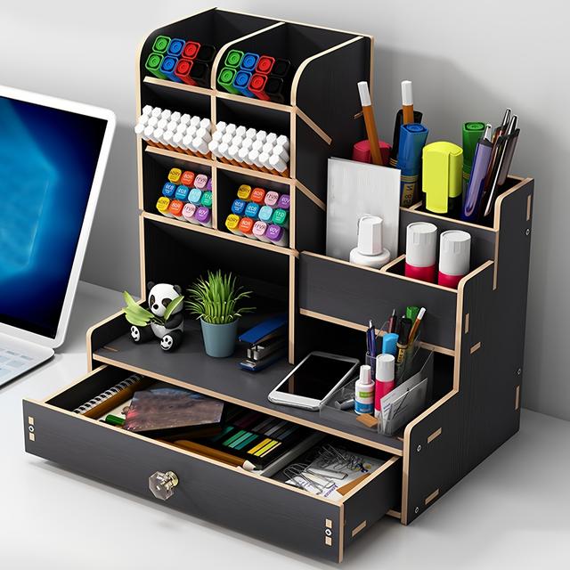 TEMU 1pc Desktop Diy Pen Holder With Drawer, Multi-functional Office Organizer - Large Capacity Compartmentalized Stationery Storage Box