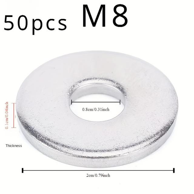 TEMU 50pcs Durable Stainless Steel Flat Washers, M6/m8 Sizes - Metal Screw Gaskets, For Strength