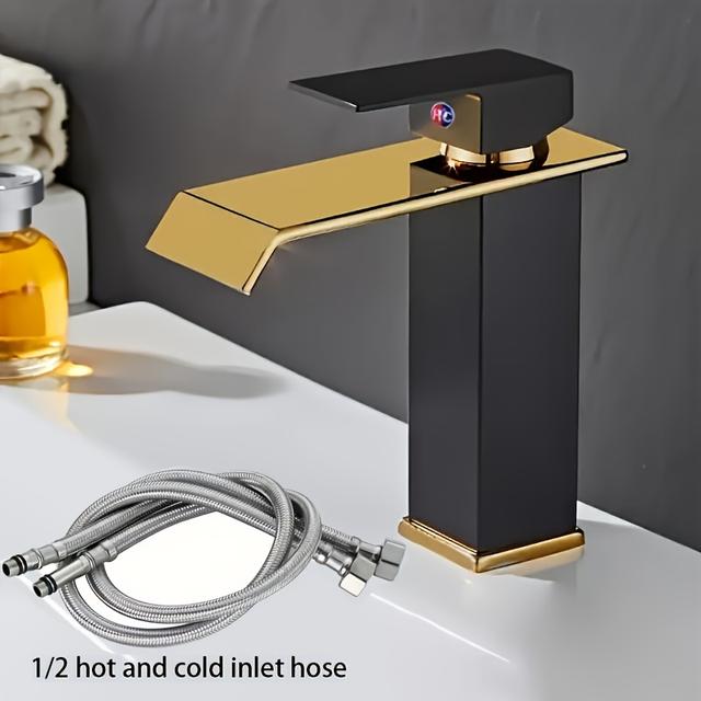 TEMU Contemporary Black & Golden 2-spray 304 Stainless Steel Bathroom Faucet - Floor-mounted Mixer Tap With Valve, Painted Finish For Bathroom Sink, Vanity, Or Bathtub