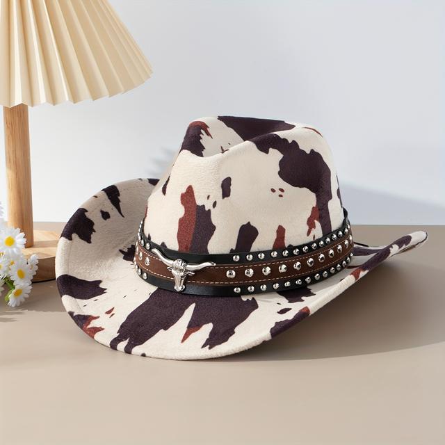 TEMU Een cowboyhoed voor de feestdagen met een dubbelzijdige riem met dierenprint, contrasterende kleurblokken en decoratieve spijkers, die de Amerikaanse westernstijl vertegenwoordigen.