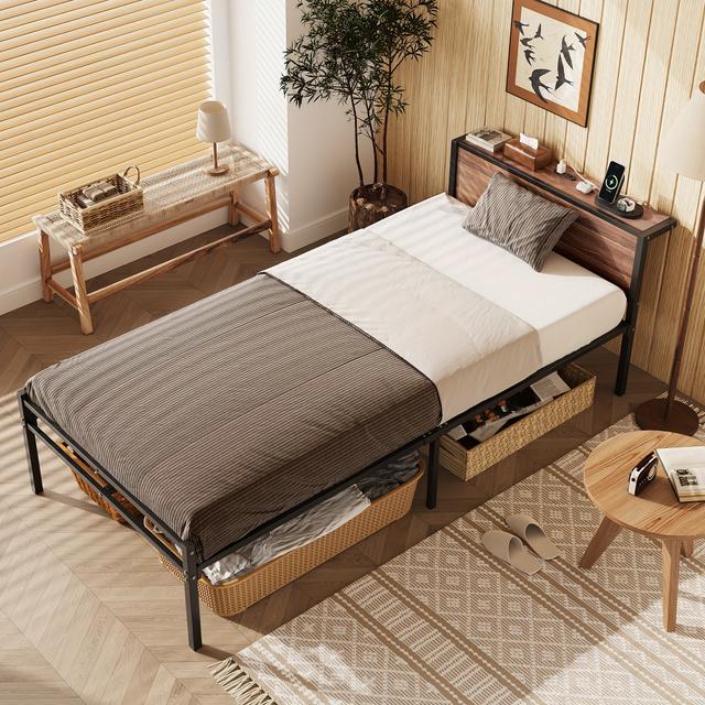 TEMU 【WLIVE】ヘッドボード付き高耐久スチール製ベッドフレーム - シングルベッド、耐荷重250kg、ベッド下収納＆2個（ヨーロッパタイプC＆UKプラグ）、-モールドデザイン、モダンなフォームベッド（式）、簡単組み立て、狭いスペースに最適