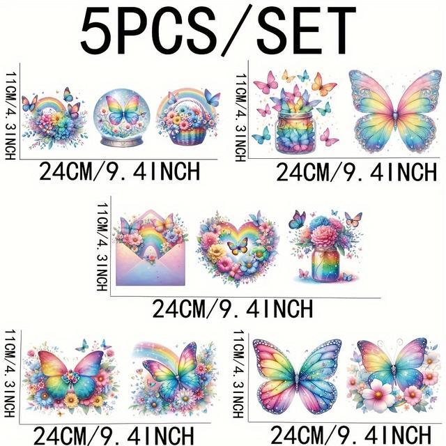 TEMU 5pcs Rainbow & Crystal Ball Uv Dtf - Iridescent Glossy Wraps For 16oz Glass Jars, Mugs, Cups, Diy Crafts - Multicolor & Cup With Heart, Flower, Rainbow Scale Patterns (no Heat Transfer)