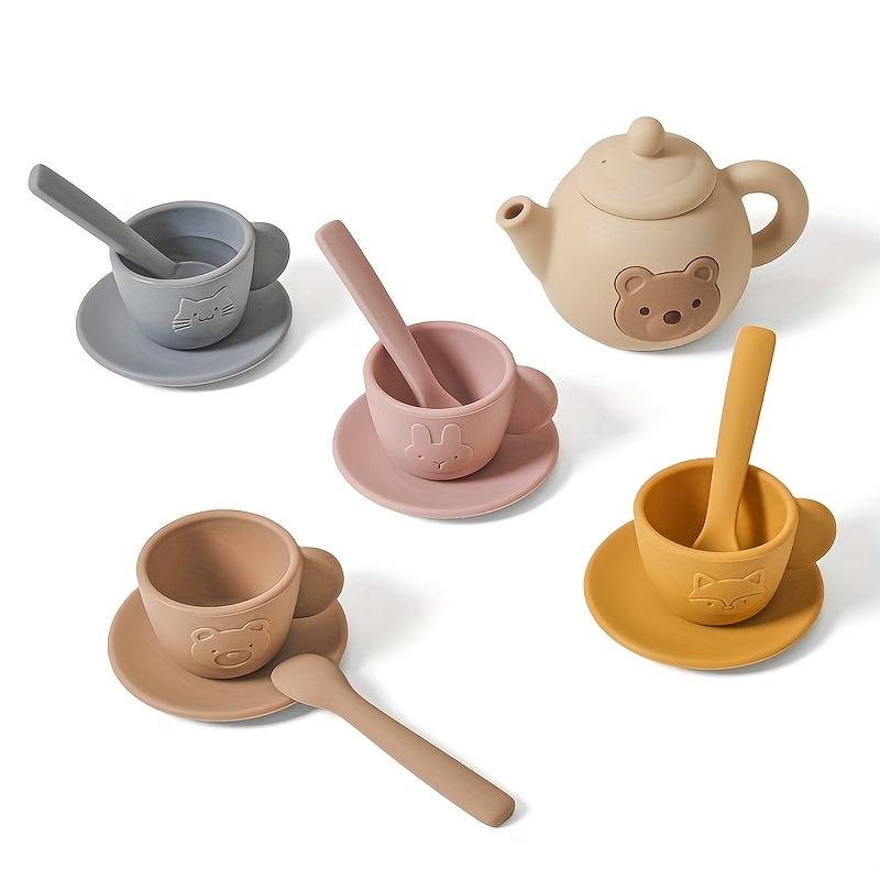 TEMU Silicone Afternoon Tea Set, Cute Bear Wooden Pretend Play Toy, Girls' Mini Teacup Teapot Set, Parent-child Interactive Game, Christmas Gift