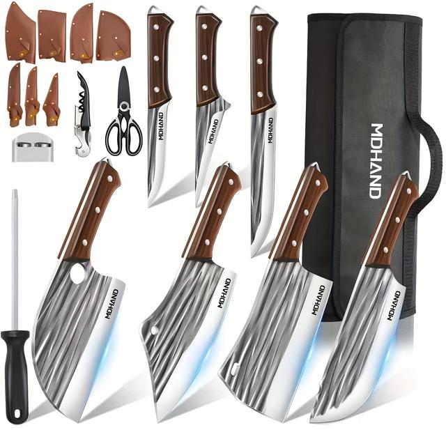 TEMU 14pcs Butcher Chef Knife Set With Bag, High Carbon Steel Meat For Meat Cutting , Heavy Duty Bone Chopper Hand Butcher Knives, Butcher Knife Set Outdoor Bbq Camping Knife, Gifts For Dad Mom