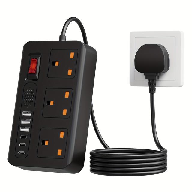 TEMU A 9-in-1 Uk Power Strip With 3 Ac Outlets, 3 Usb Ports, And 3 Type-c Connectors, Designed As A Desktop Charging Station For Home, Office, And Travel, Available In White And Black