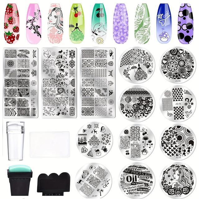 TEMU Nail Stamping Plate Kit 2 Nail Stamper 13 Nail Plate Set 2 Scraper Nail Stamping Kit Template Image Plate Stencils Tool For Manicure Lace Design Holiday