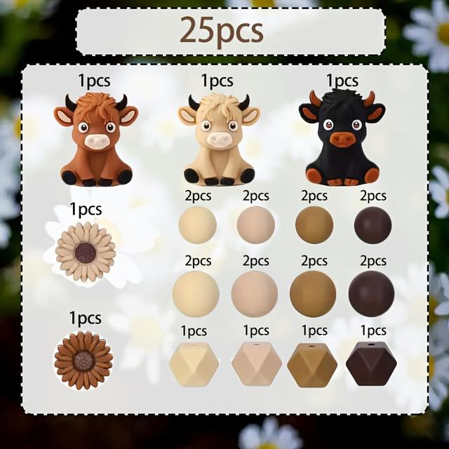 TEMU 25pcs 3d Highland Cow + Daisy Silicone Beads | Fashionable Brown Series, And Large/small Round Beads For Bracelets, Beaded Pen Accessories, And Handmade Crafts Decorations - Ideal Gift