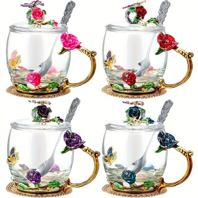 TEMU 4 Sets Flower Glass Tea Cups With Lids And Spoon Vintage Glass Coffee Mugs Floral Fancy Clear Teacup Women Mom Wife Girlfriend Gift(pink, Purple, Blue, Red, 11oz)