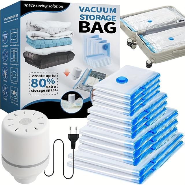 TEMU أكياس تخزين مفرغة من الهواء مع مضخة كهربائية، 12 قطعة (*2، كبير*3، متوسط*3، صغير*4) - أكياس محكمة الغلق بتفريغ الهواء بسحاب للملابس الموسمية والبطانيات والوسائد والمزيد