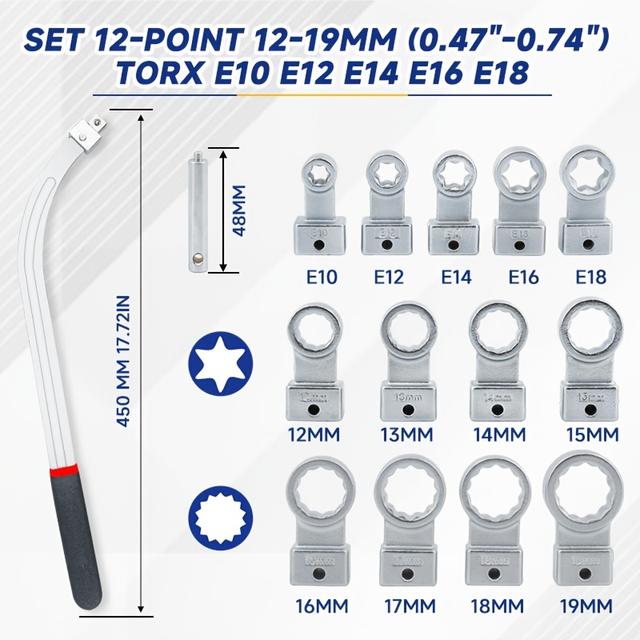 TEMU 15pcs Auxiliary Timing Belt Tensioner Pulley Wrench Set 12-point 12-19mm (0.47"-0.74") Torx E10 E12 E14 E16 E18, Universal Fit For Most Vehicle Types