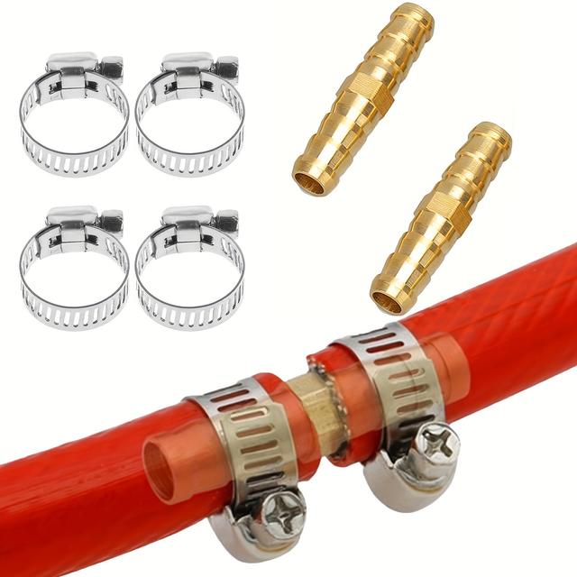 TEMU 2 Sets, Brass Hose Barb Fitting Metals With 4pcs 304 Stainless Steel Clamps, Garden Water Pipe Connector Pagoda For Air/water/fuel/oil, Straight,