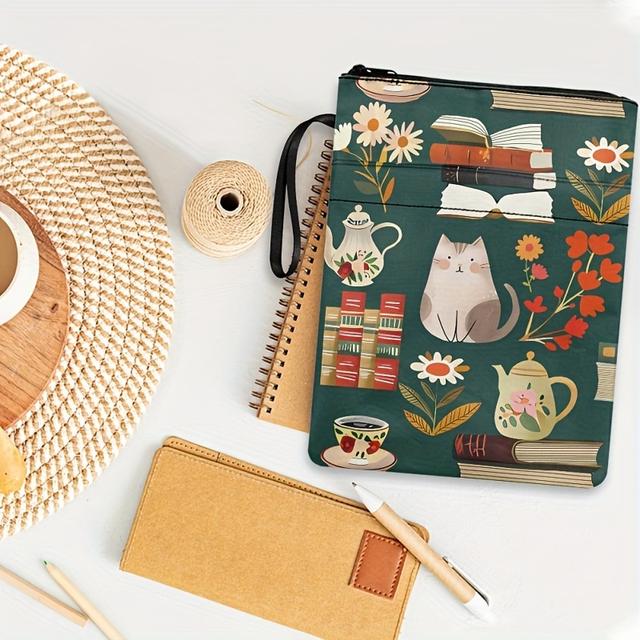 TEMU Adorable Cat Canvas Book Cover With Zipper - Washable Protective Cover For Paperbacks, Includes Pocket - Perfect Gift For Women And Teen Girls, 11..7 Inches