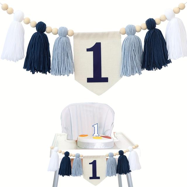 TEMU 1 Handcrafted Navy Blue High Chair Banner With Light & Tassels - Ideal For First Birthday Celebrations & Shower Decorations, Fabric, No Power Required, Shower Gifts For Guests