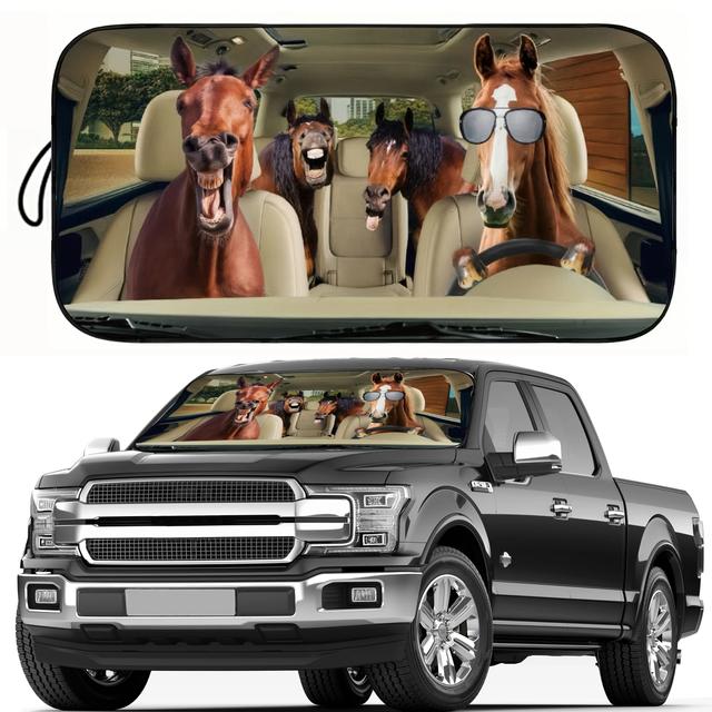 TEMU Funny Horse Driving Design Car Windshield Sunshade - Fit For Sedans, Suvs, Rvs, Trucks & Off-road Vehicles - Cool Polyester Material, 59x27 Inches, Horse Lover Gifts