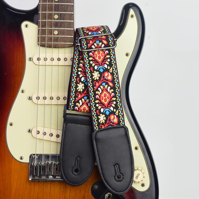 TEMU Vintage Bestickter Gitarrengurt mit Kunstlederenden - Buntes Blumenmuster für Bass-, E-Gitarren und Akustikgitarren - Rotes Stoffmaterial, Verstellbare Länge, Gitarrenzubehör