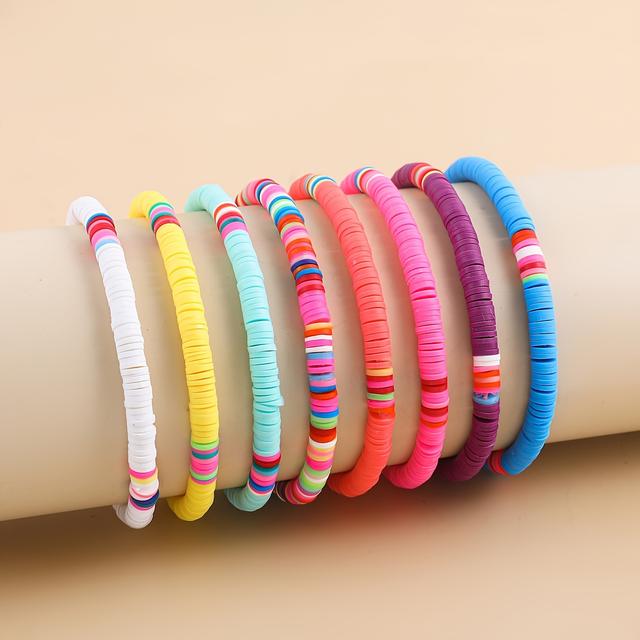 TEMU A Set Of 8 Colorful Soft Clay Elastic Bracelets For Women, Perfect For Stacking And Versatile In A Bohemian Style, With Random Colors.