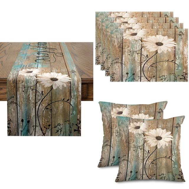 TEMU 7pcs Rustic Floral Linen Tablecloth & Throw Pillow Set - Vintage Wooden Plank Design With Sunflowers & Black Iron Accents, Christmas & Holiday Decor, Dining & Living Room, 13x72"/18x18"/12x18"