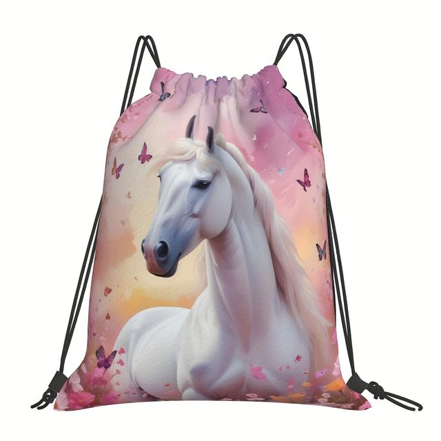 TEMU Polyester Drawstring Bag With 3d Horse, Cherry Blossoms, And Print – Aesthetic Fitness Backpack