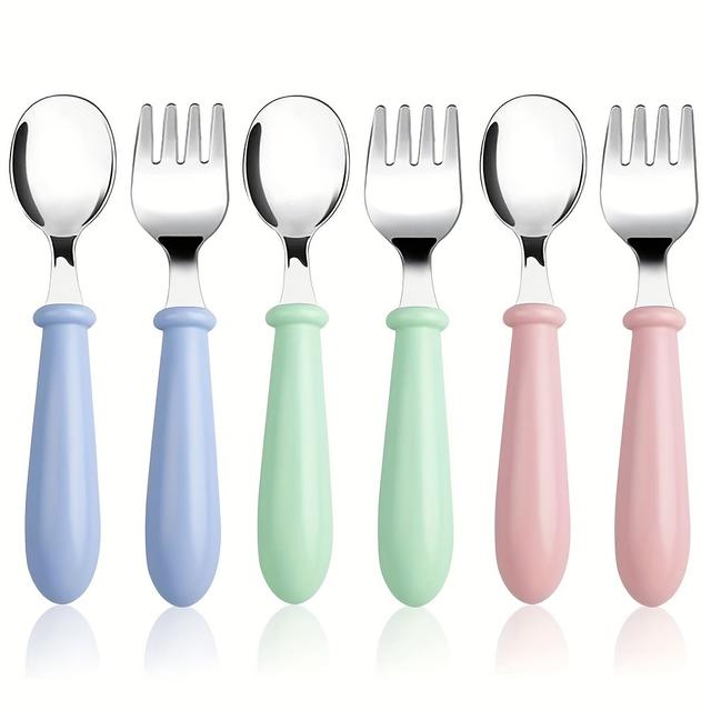TEMU 6pcs Utensils Stainless Steel Fork And Spoon Safe Silverware Set, Utensils Flatware Kids Cutlery Set With Round Handle