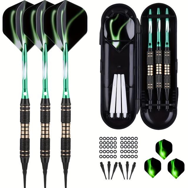 TEMU Lágy hegysúlyozott darts készlet 18 gramm zöld - Professzionális műanyaghegyű sárgaréztorkolat + alumínium nyéllel ellátva, 50 gumi o-gyűrűvel és 6 szettel, valamint 30 lágy tippel