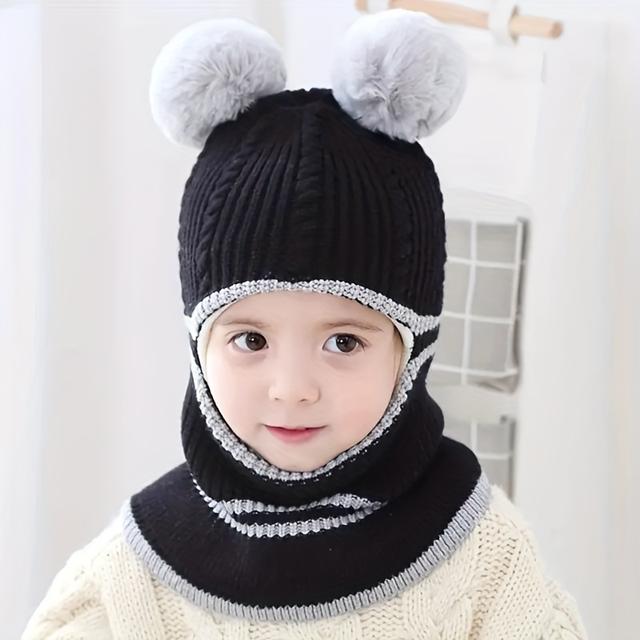 TEMU Kids' -lined Thick Warm Knitted Hat With Scarf For Boys And Girls, Winter Beanie
