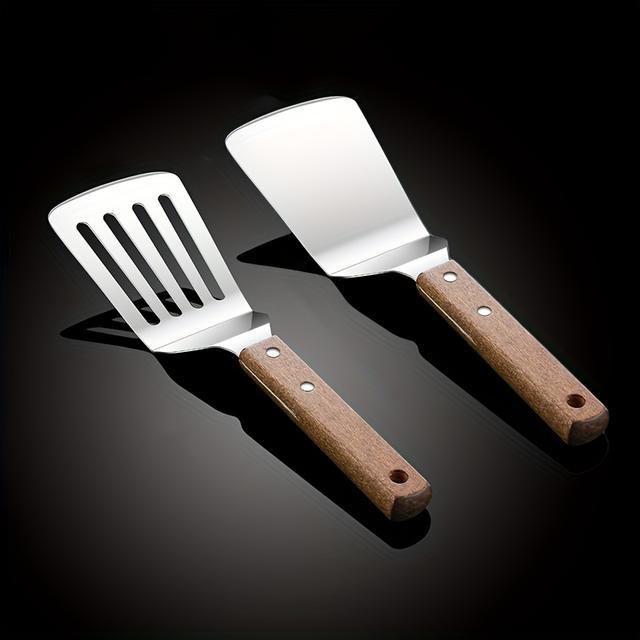 TEMU 2er-Set Edelstahl-Flachspateln mit Holzgriff, Eisenplatten-Schaber, Japanische Küchenspatel, Steak-Flipper, Multifunktionale Küchenutensilien zum Wok-Wirken, Wenden und Kochen
