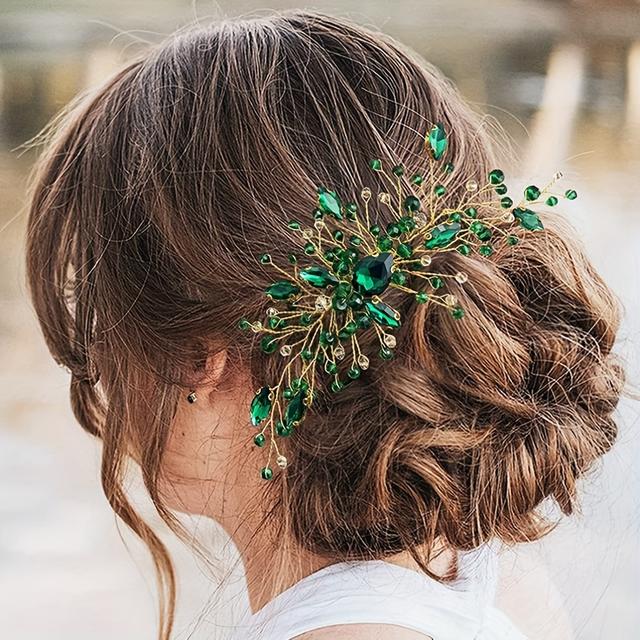 TEMU Side Bridal Wedding Hair Comb - Green Rhinestone Hairpin; Black Hairpin And , Floral Hair Additions For Women - Bridal Hairpieces For Christmas Parties And Balls