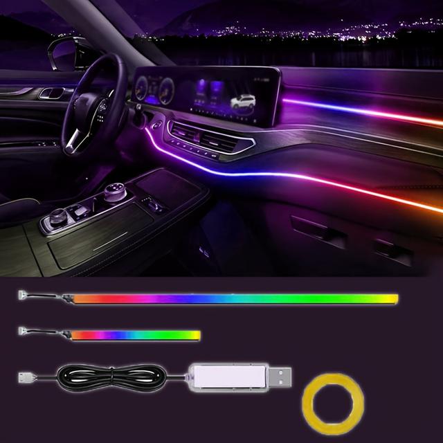 TEMU Car Interior Acrylic Led Ambient Light Kit Dynamic Rainbow Color , Instantly Ignite The Romantic Tech Atmosphere ! 2in 1, Without Battery