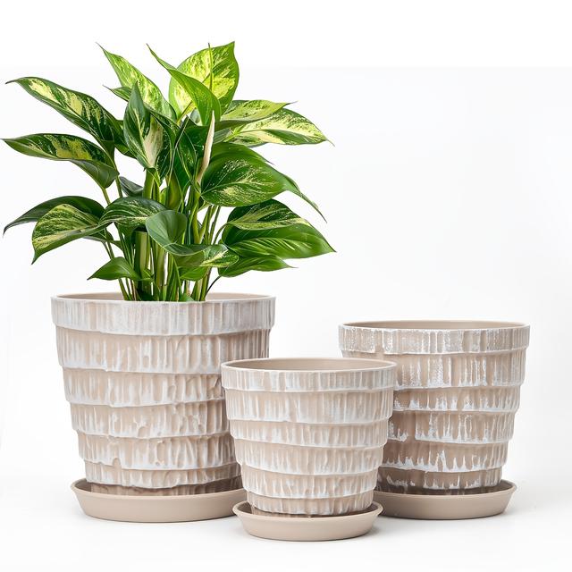 TEMU Zestaw 3 Doniczek z Falbankami i Otworami Drenażowymi oraz Tacy, Nadające się do Roślin Domowych i Ogrodowych - Rozmiary: 7.5/6.5/5.5 Cali