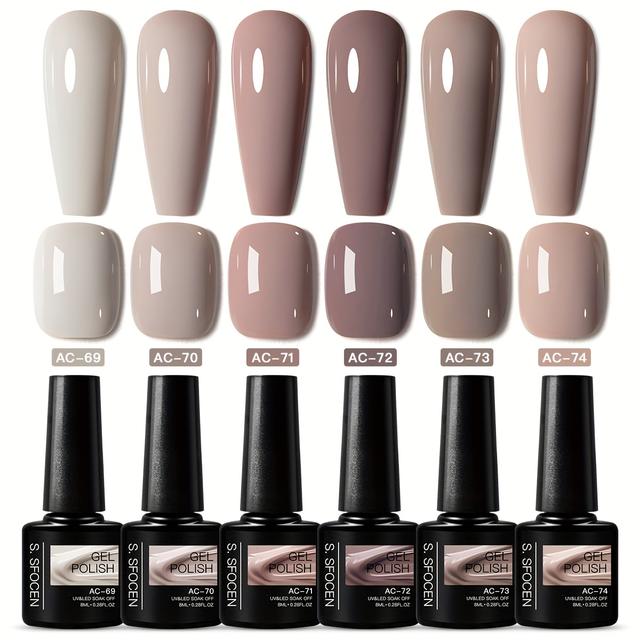TEMU 6pcs Mocha Mousse Series Nail Gel Set Earth Nude Light Gray Color Gel Polish Soak Off /led Solid Gel For Nail Art Manicure