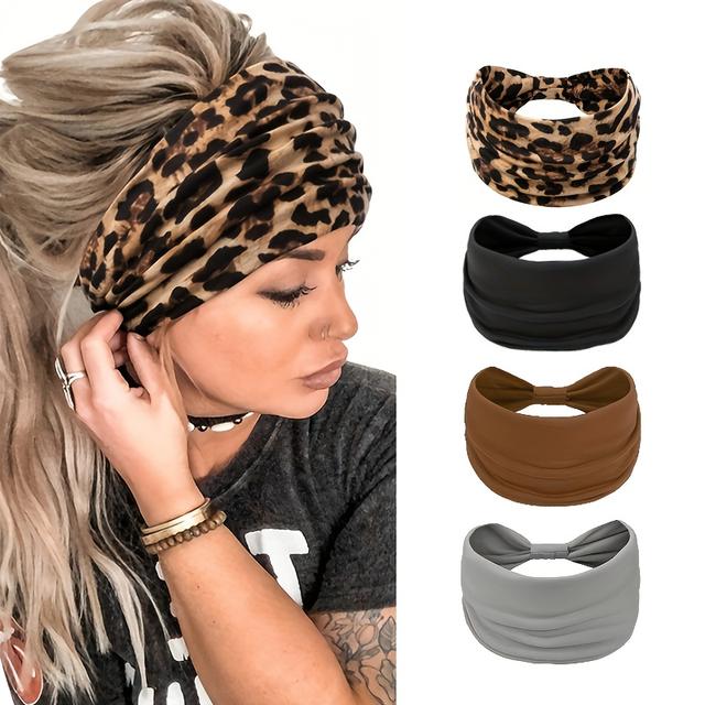 TEMU Juego de 4 Piezas (Bohemio) Ancha Antideslizante para Mujer, Cinta con Nudo, Accesorios para el Pelo, Turbante Sólido, Ideal para Yoga y Entrenamiento