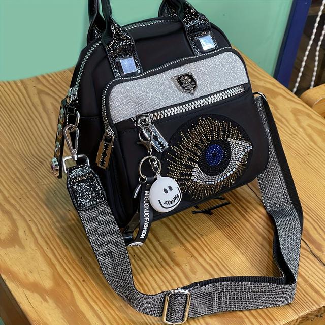 TEMU 광주에서 스타일리시한 다기능 메신저 백을 만드는 오스퍼드 텍스틸 기하학적 패턴 핸드백 - 리무브블 스트랩, 지퍼 클로저, 폴리에스터 라이닝이 있는 눈 디자인의 패션 탑 핸들 백